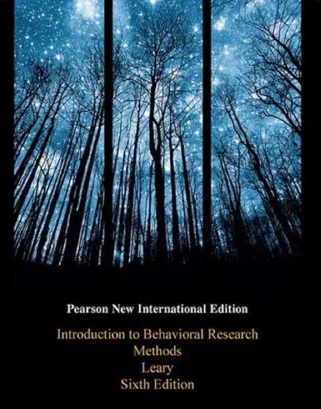 De pearson new edition van introduction to behavioral research methods toont een blauwe sterrenhemel met silhouetten van bomen