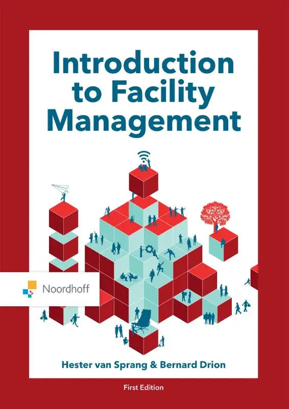 Rode en licht blauwe kubusstructuur boekomslag van introduction to facility management door hester van sprang en bernard drion