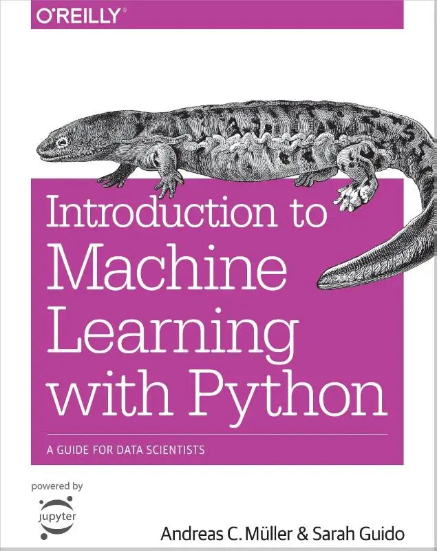 De boekcover van introduction to machine learning with python toont een gedetailleerde zwart-witte illustratie van een axolotl op een magenta achtergrond