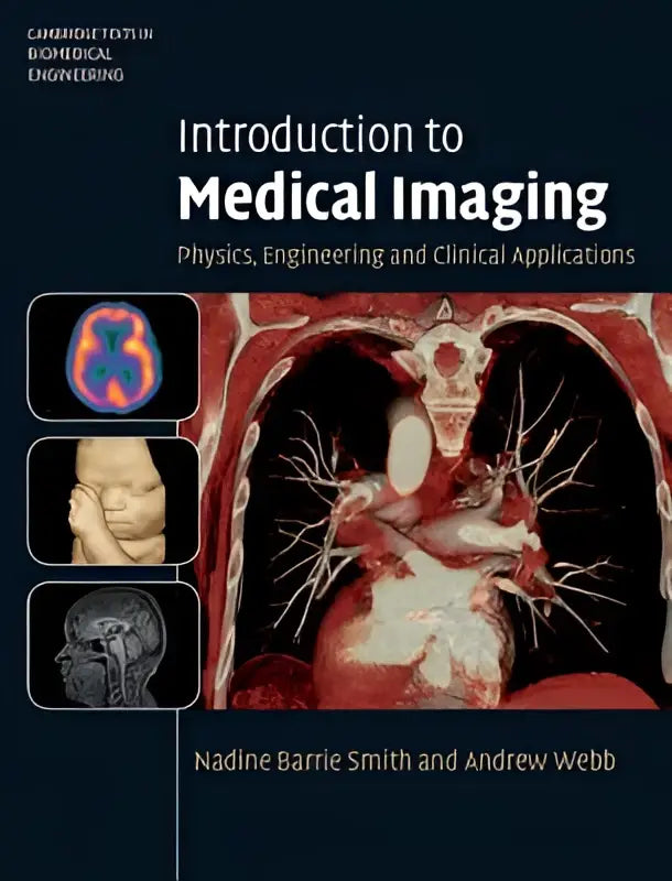 The introduction to medical imaging book cover features a dark blue background with white text highlighting medical imaging basics and clinical applications