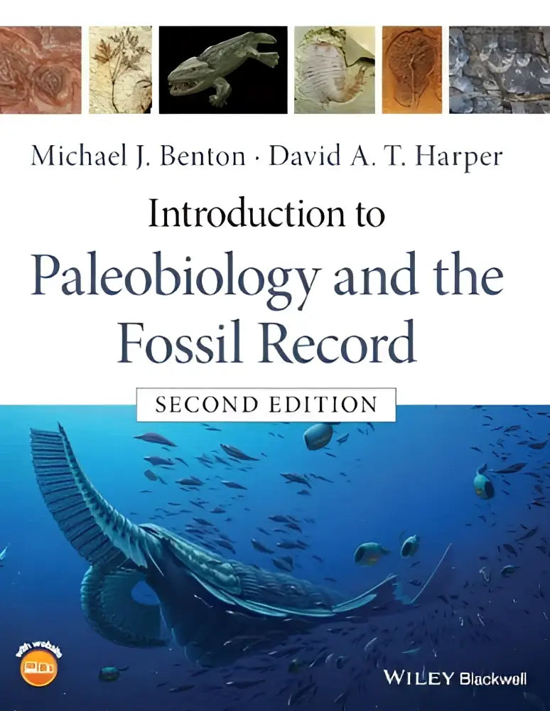 De omslag van introductie tot paleobiologie en het fossielenarchief toont een blauw prehistorisch marien reptiel in diepe oceaan