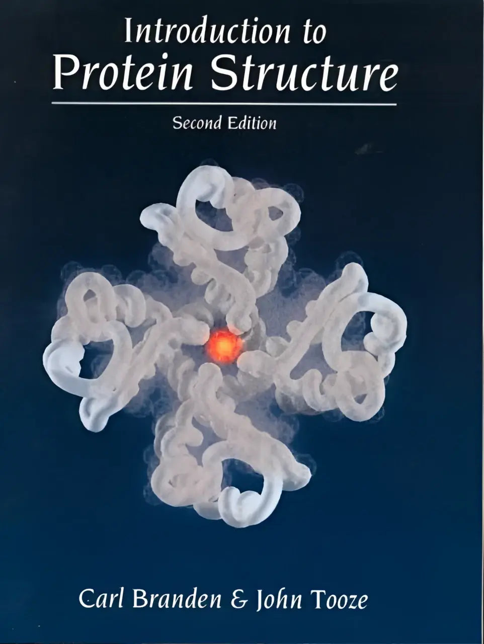 De cover van het leerboek introduction to protein structure toont een gestileerde witte eiwitstructuur met oranje centrum op donkerblauwe achtergrond