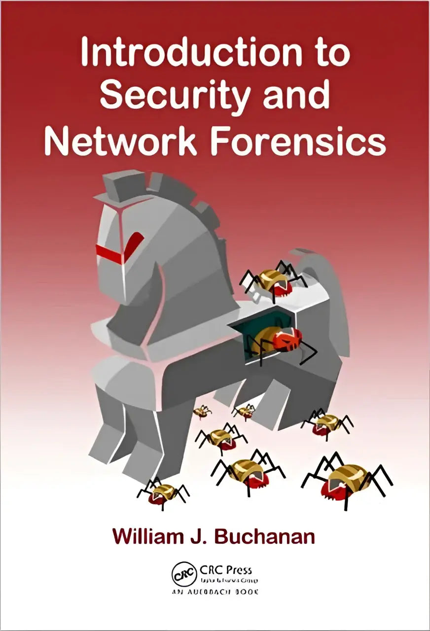 Illustratie van een grijze trojaanse paard met rode accenten en zwarte-gouden spinnen op een boek over security en network forensics