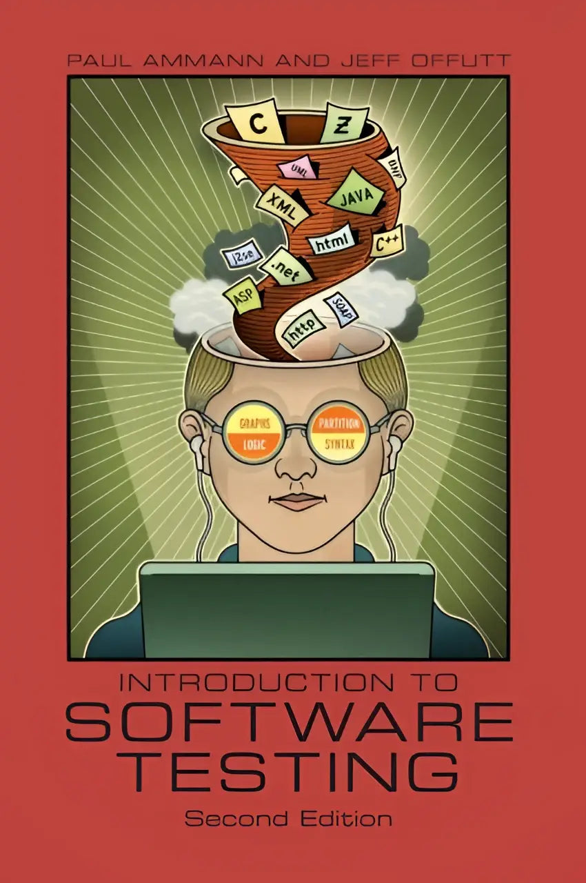 De boekomslag toont een introductie tot software testing met cartoon van persoon en code snippets zoals c++ java html en css