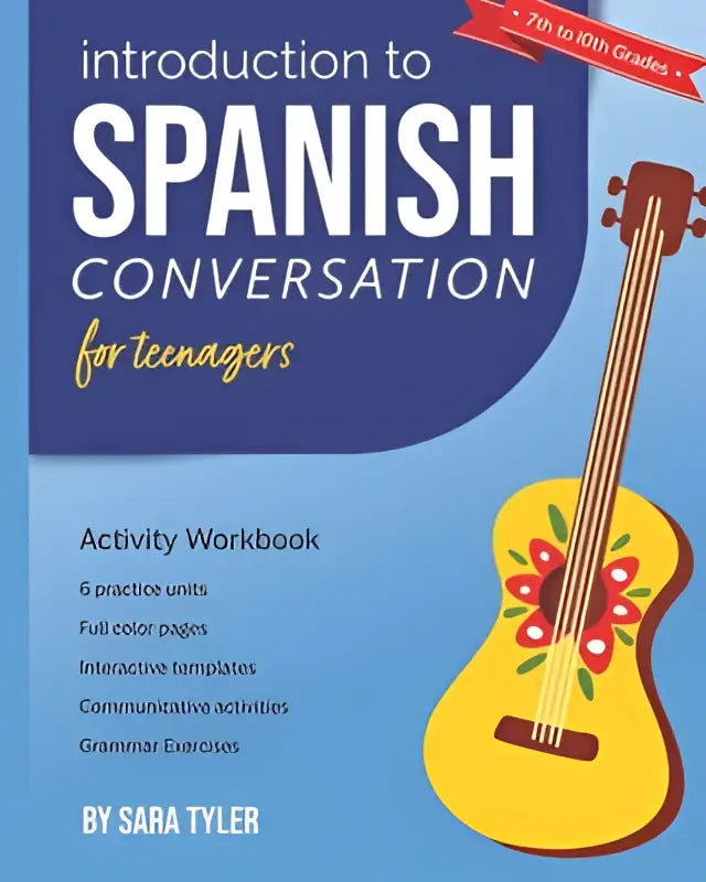 Gele akoestische gitaar met roodgroen bloemmotief op de cover van introduction to spanish conversation for teenagers workbook