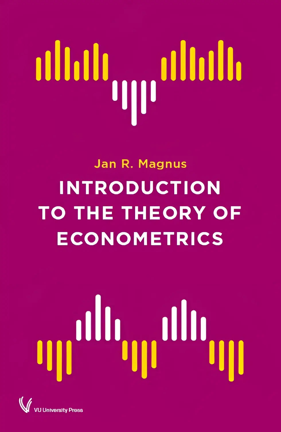 The book cover of introduction to the theory features a magenta background with white and yellow audio waveforms promoting economische statistieken