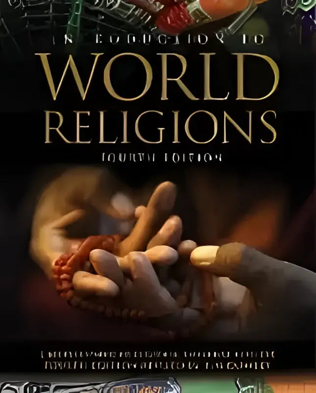 De boekomslag van introduction to world religions toont de titel in gouden letters op een donkere achtergrond