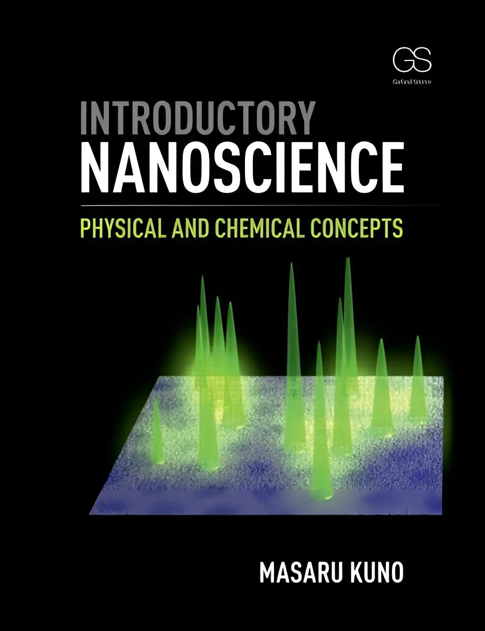 Zwart boek over introductieve nanowetenschap met fysische en chemische concepten en een groene blauwe nanoschaalillustratie