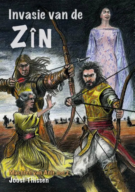 De cover van het boek invasie van de zin door joost thissen toont twee boogschutters in gouden en bruine bepantsering gericht op een vrouw in gele jurk