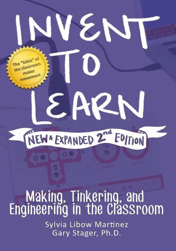 Paars boek met witte tekst invent to learn en gele sterbadge over engineering en maakactiviteiten in de klas