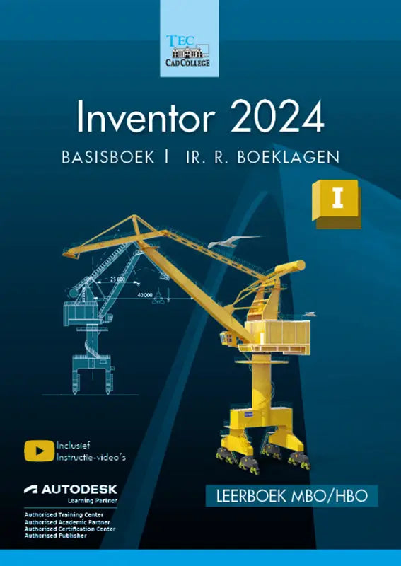 Gele industriële kraan illustratie op blauwe achtergrond voor inventor 2024 basisboek productillustratie