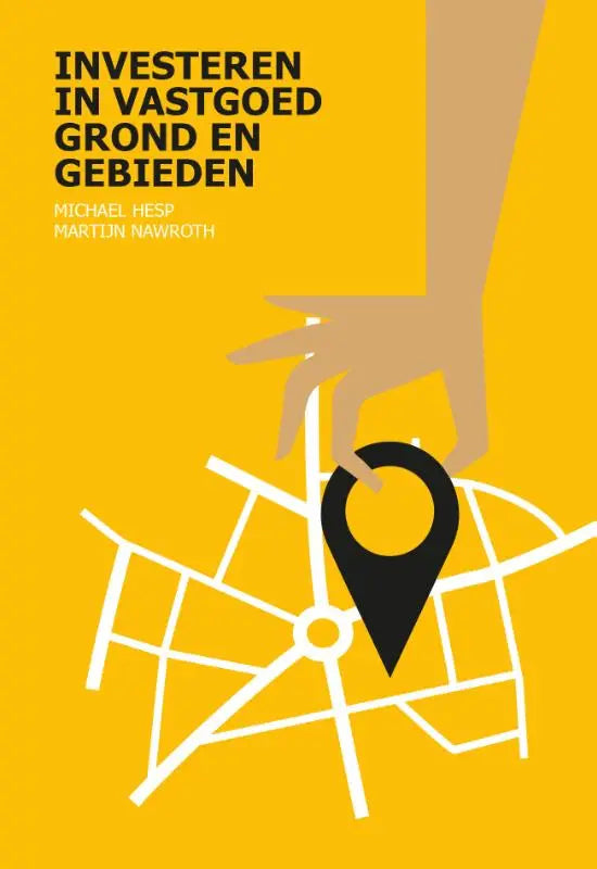 Een zwarte kaartpen met ronde top gehouden door een gestileerde hand op gele achtergrond bij investeren in vastgoed