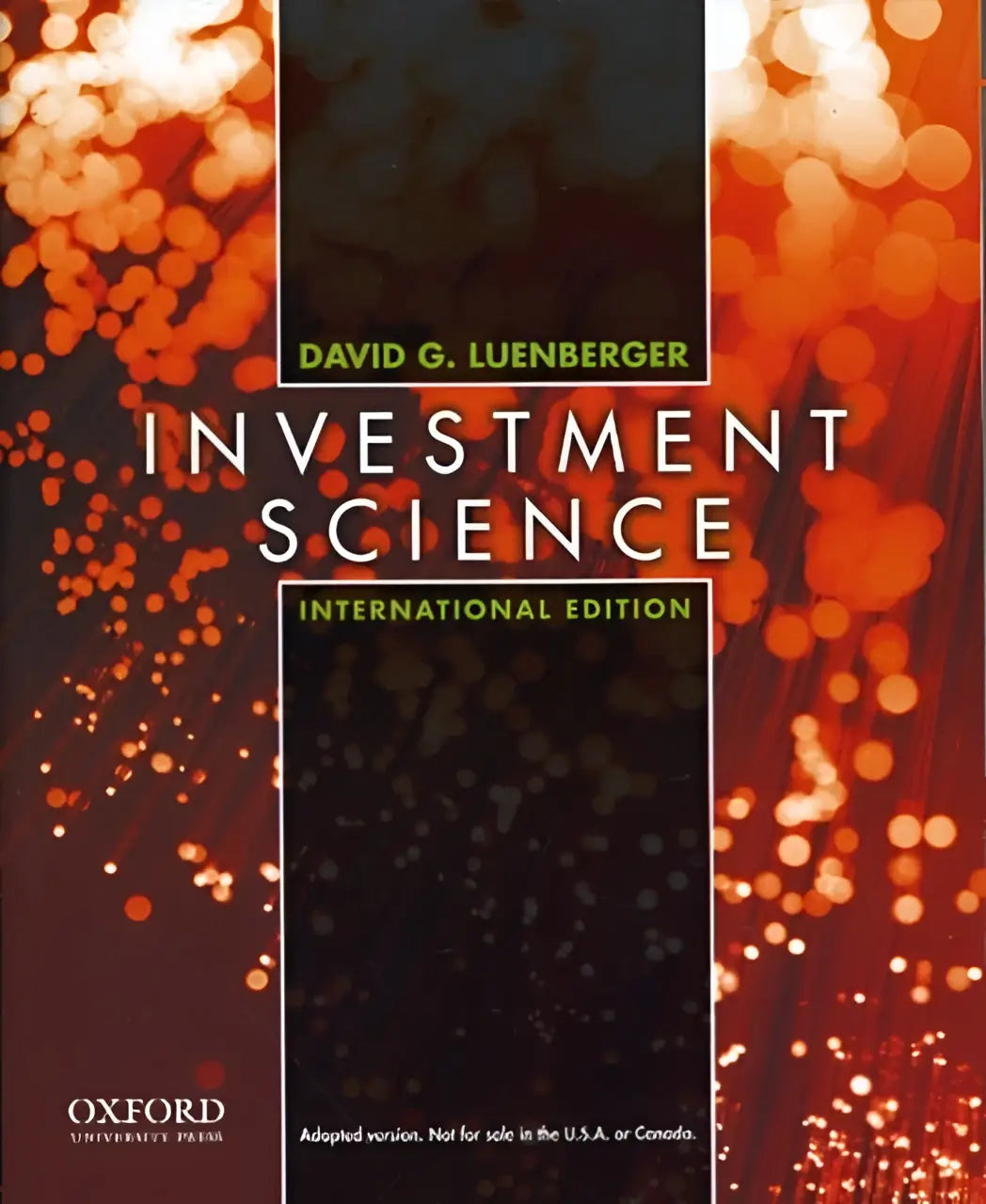 Black and orange bokeh-patterned hardcover book titled investment science by david g presents sound fundamentals