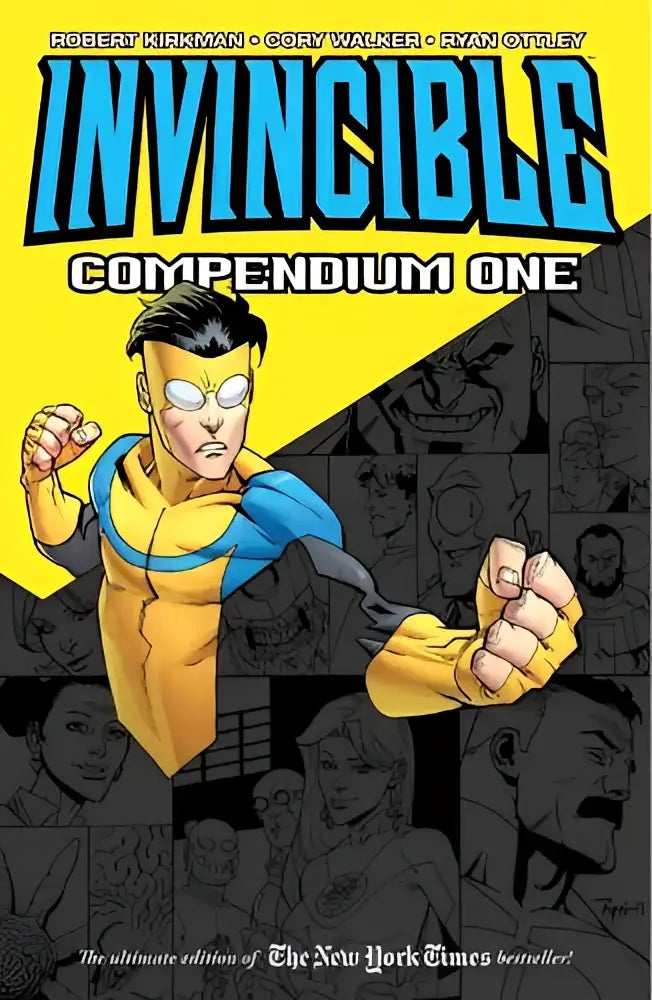 Gele en blauwe stripboekcover van invincible in dynamische pose voor invincible compendium volume 1