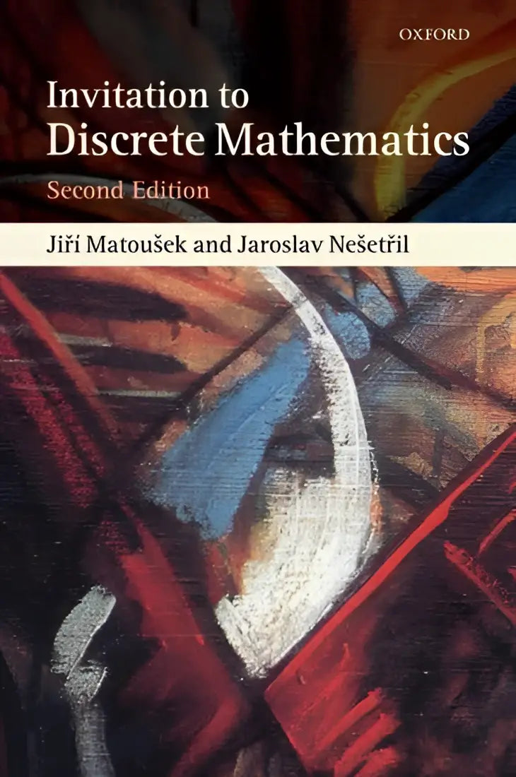 De omslag van invitation to discrete mathematics tweede editie toont een abstract schilderij met rood blauw wit en zwart voor computerwetenschap en discrete wiskunde aan universiteit charles