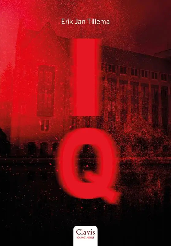 Rood boek met de titel iq in heldere letters boven een donkere gebouwensilhouet voor jonge lezers
