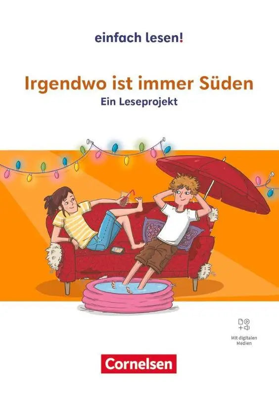 De voorkant van het kinderboek ergens is altijd zuiden door cornelsen toont twee kinderen op een rode bank onder lichtjes