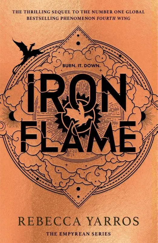 De boekcover van iron flame door rebecca yarros toont een warm oranje achtergrond met het globale fenomeen dat iedereen ontdekt