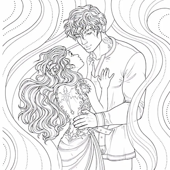 A black-and-white line art of a romantic couple embracing with swirling patterns in iron flame official coloring sticker book