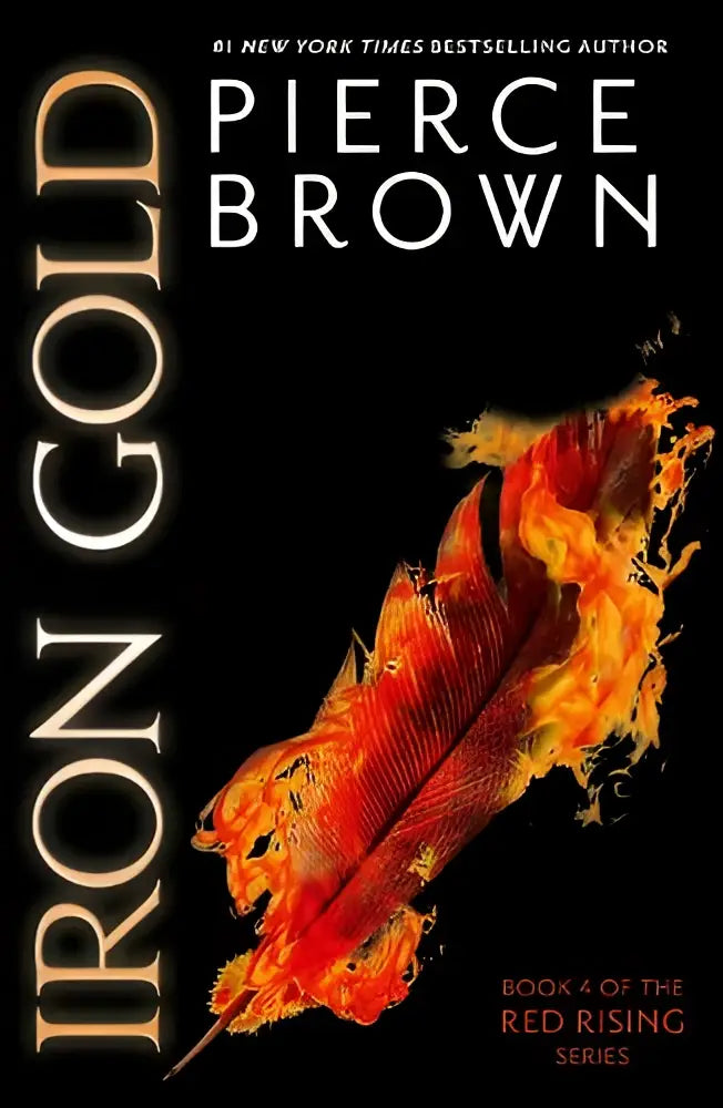 De kaft van iron gold toont een vurige veer in oranje en rood op zwart, het epische vierde boek in red rising