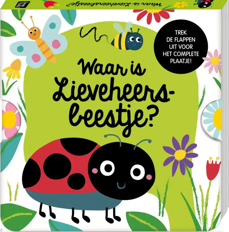 Kleurrijk flapboek waar is lieveheersbeestje met vrolijk lieveheersbeestje en bloemen voor jonge lezers