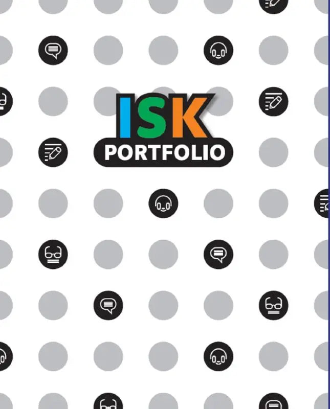 Kleurrijk isk portfolio logo met gedurfde verloopletters op witte achtergrond met grijze cirkels en zwarte iconen