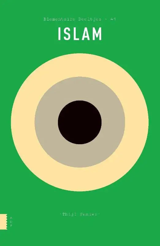 Groen boek islam met minimalistisch ontwerp van concentrische cirkels in zwart, grijs en crèmekleur, thijl sunier elementaire deeltjes