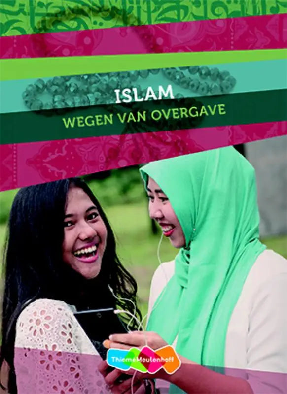Boekcover islam wegen van overgave met felle roze, groene en teal strepen rondom witte titel op donkere achtergrond