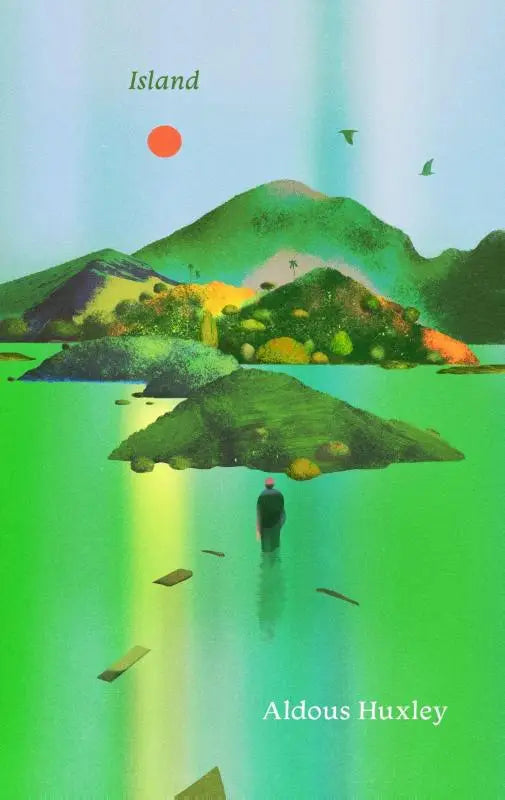 De boekcover van aldous huxleys island toont een surrealistische illustratie met groene eilanden en een oranje zon