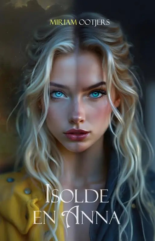 Digitale illustratie van een vrouw met opvallende blauwe ogen en lang golvend blond haar met een gele jas in isolde en anna