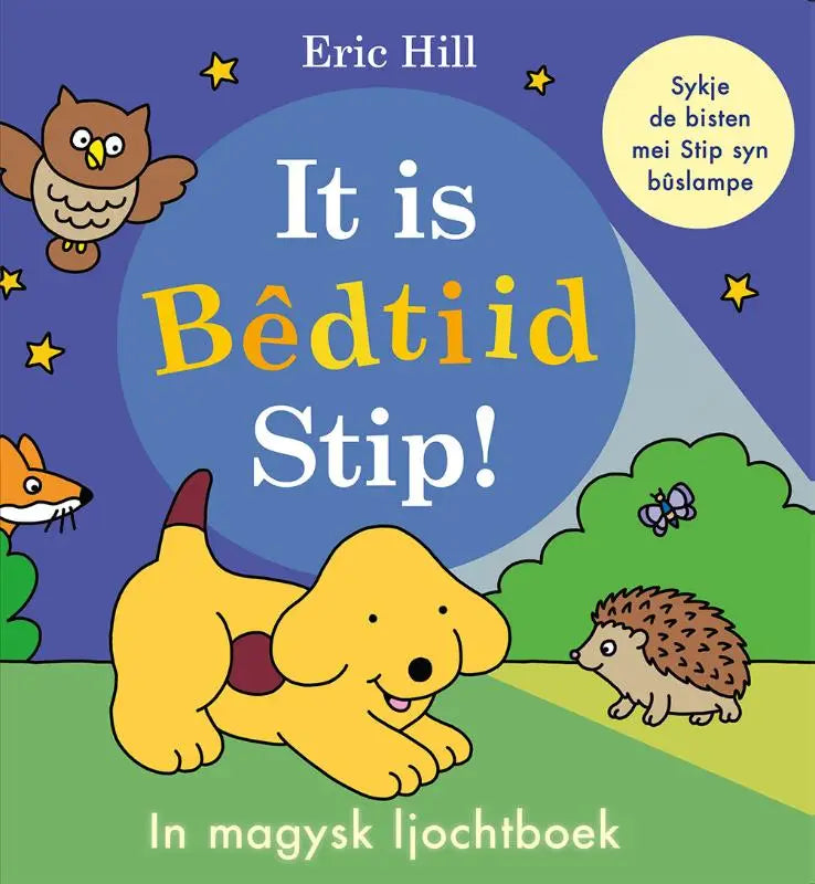 Gele cartoon puppy met rode halsband op de cover van het kinderboek it is bêdtiid stip in magysk ljochtboek