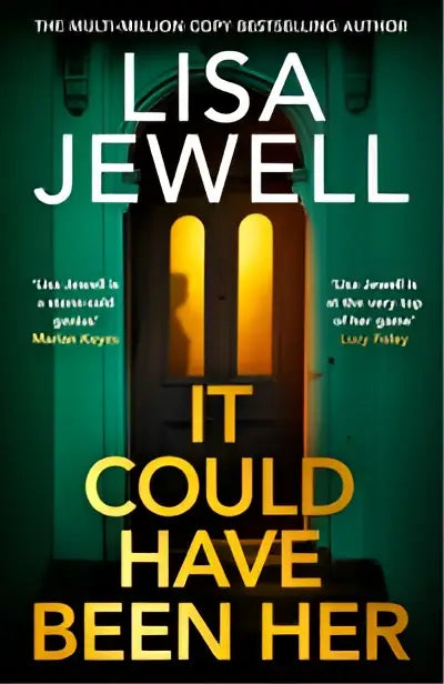 De boekcover van it could have been her door lisa jewell toont gele tekst op donkergroene achtergrond met gouden deuren