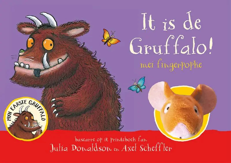 De gruffalo een bruine, harige figuur met witte hoorns en slagtanden in het boek it is de gruffalo voor jonge lezers