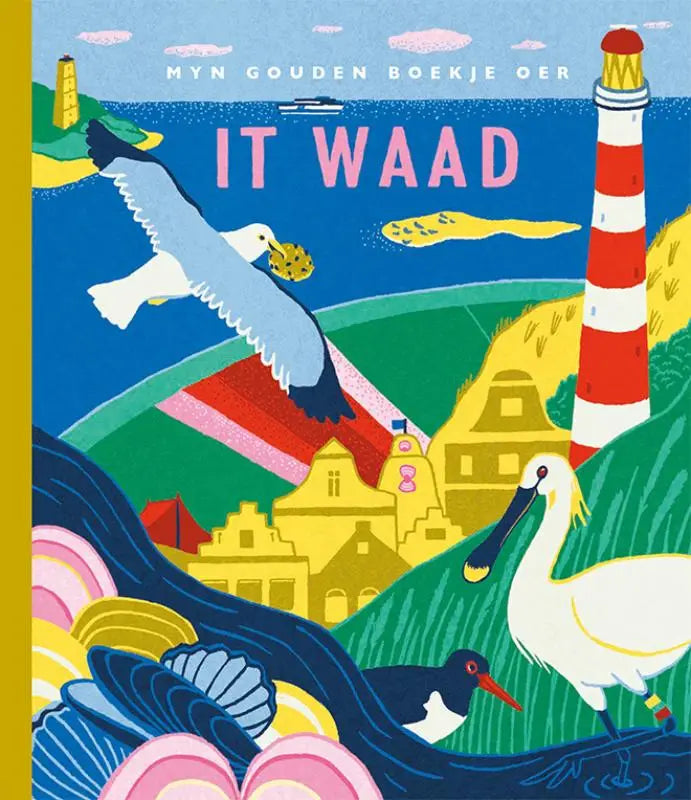 Vibrant illustrated children’s book cover it waad with red and white striped lighthouse seagulls coastal scenery gouden boekje