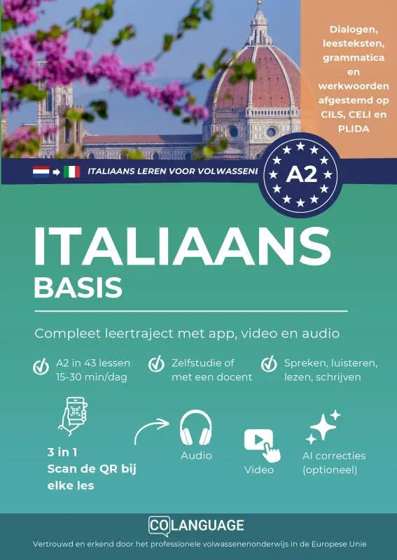 Teal en witte cover van italiaans a2 basis compleet leertraject met app en domein als achtergrond perfect om leer italiaans