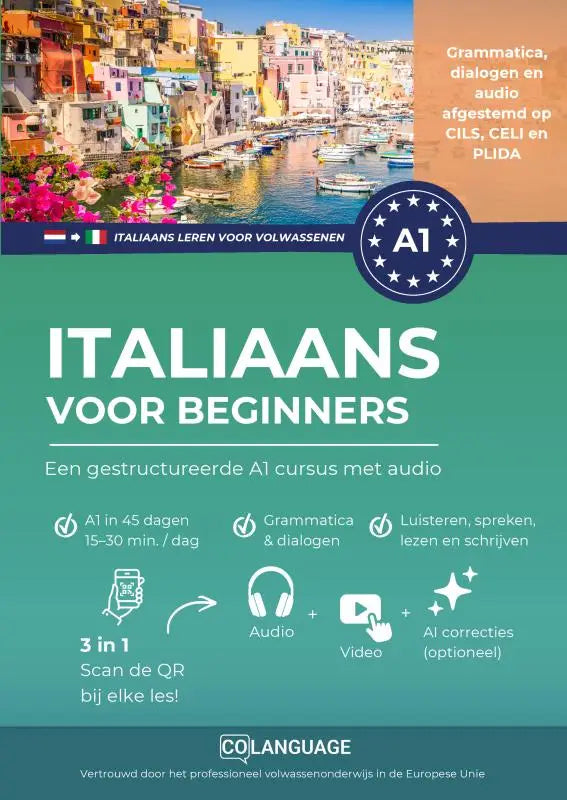 Teal en oranje educatieve boekcover voor gestructureerde a1 cursus italiaans leren met celi voorbereiding en kleurrijke gebouwen