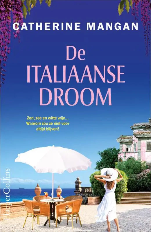 Het boek de italiaanse droom van catherine mangan toont een blauwe lucht met paarse blauwe regen en witte wijn thema