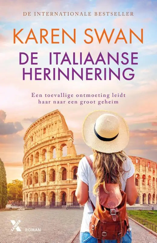 A bruine leren rugzak met eenvoudig ontwerp en zichtbare stiksels gedragen voor het colosseum italiaanse herinnering