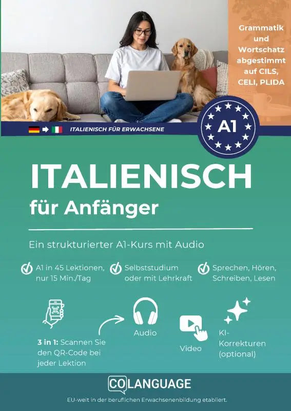 Teal coloured language learning book cover for italienisch für anfänger by co language with white text ideal voor ein strukturierter a1-kurs oder mit lehrer