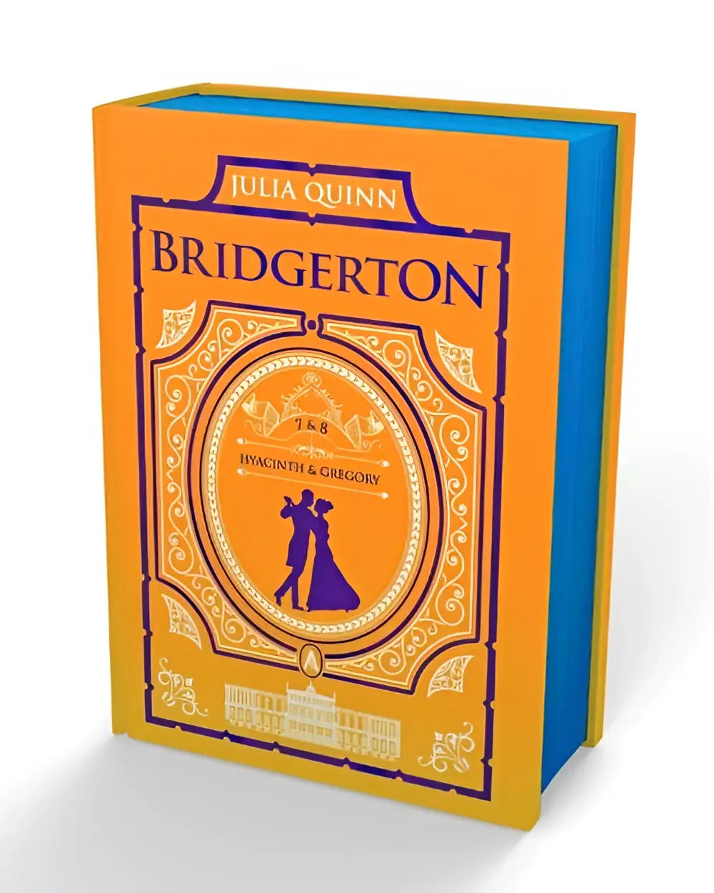 Orange hardcover book with blue spine featuring gold and purple design of dancing figures for the way to the wedding and his kiss