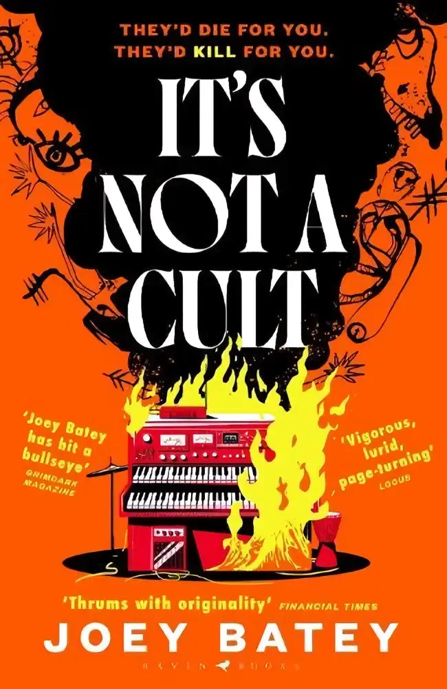 De boekcover van it’s not a cult van joey batey toont een roodzwart orgel in vlammen op een oranje achtergrond