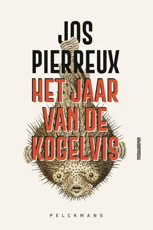 De boekcover van het jaar van de kogelvis toont een gedetailleerde zwart-wit illustratie van een kogelvis met oranje tekst