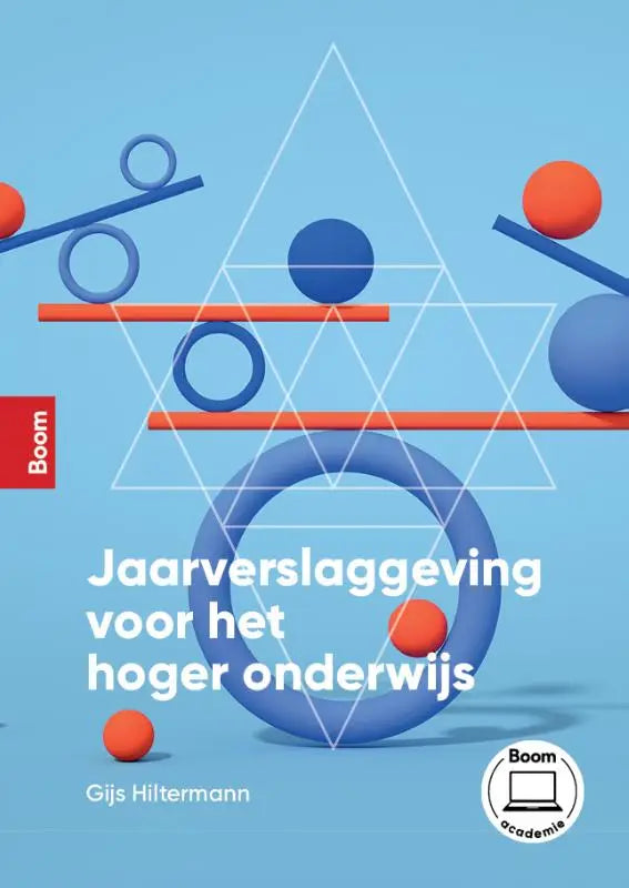 De boekcover van Jaarverslaggeving voor het hoger onderwijs toont een minimalistisch ontwerp met blauwe en oranje vormen