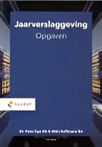 Het jaarverslaggeving opgaven product toont een donkerblauwe glanzende cover met witte tekst en iconen van peter epe