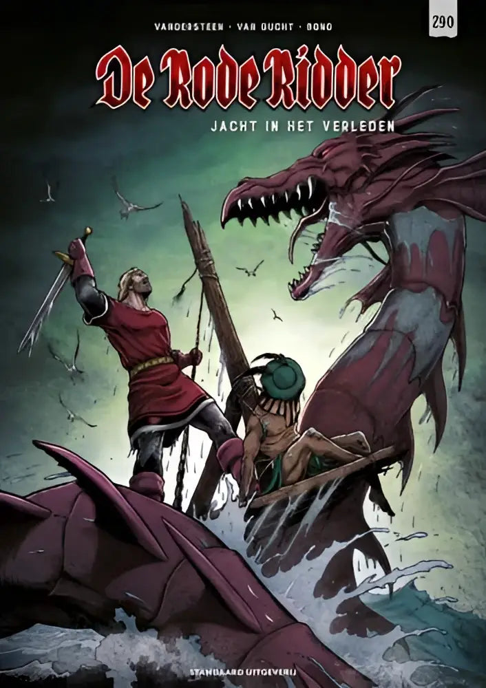 De cover van het stripboek de rode ridder jacht in het verleden toont twee personages die vechten tegen een rode draak