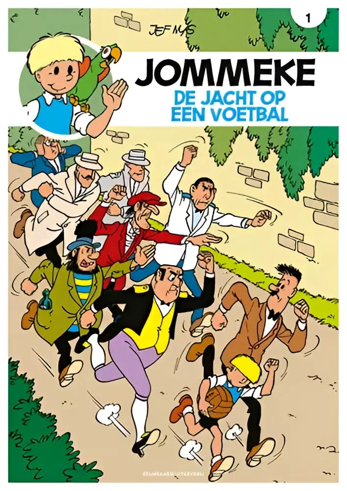 The jommeke comic book cover de jacht op een voetbal shows colorful characters running outdoors in detailed outfits