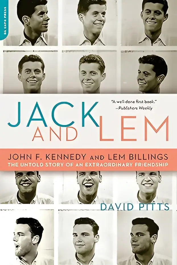 Boekomslag van jack and lem met zwart-wit portretrooster en titel in opvallende teal letters door david pitts