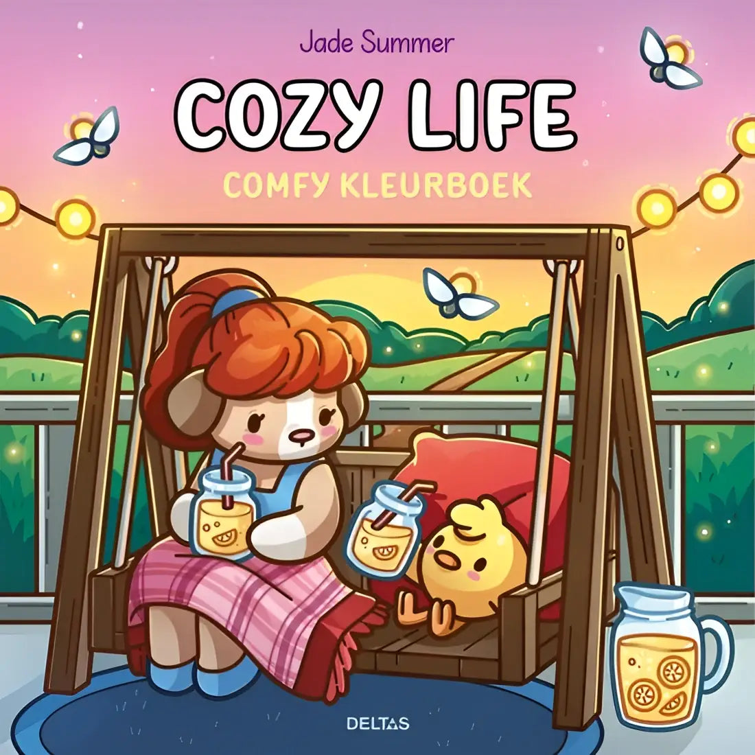 Cozy life kleurboek door jade summer met pastelillustratie van personages die drinken op een schommel in summer cozy life sfeer
