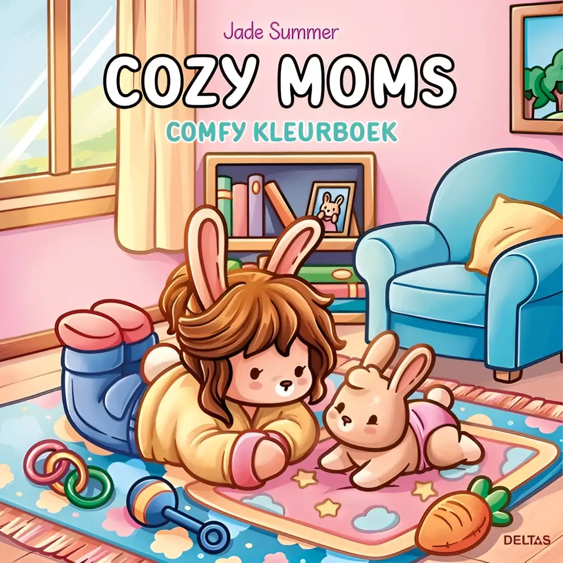 Cozy moms kinderkinderboekjade summer met pastelcover, cartoonmoeder met konijnenoren en bayern op een sterrenkleed