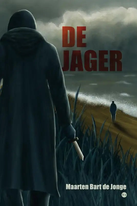 Donker hooded jas de jager met lange vloeiende silhouet en subtiele textuur zichtbaar vanaf de achterkant